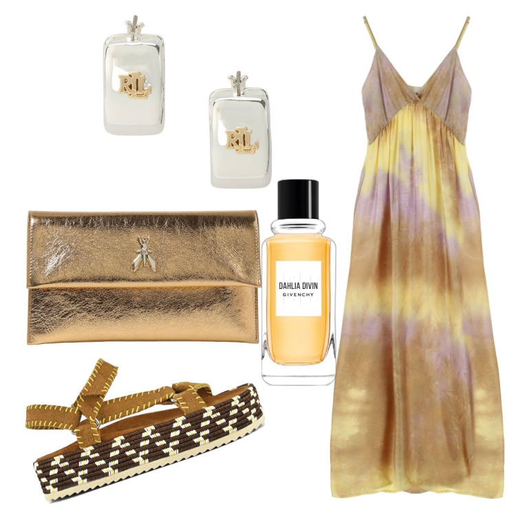 Outfit donna - Total look #1934360. Stile Glamour per Serata fuori. Abbinamento con profumi, vestiti lunghi, orecchini, clutch, sandali.