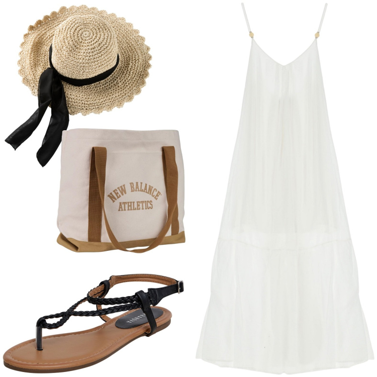 Outfit donna - Total look #1934363. Stile Basic per Tutti i giorni. Abbinamento con cappelli, ciabatte, borse tote, vestiti lunghi.