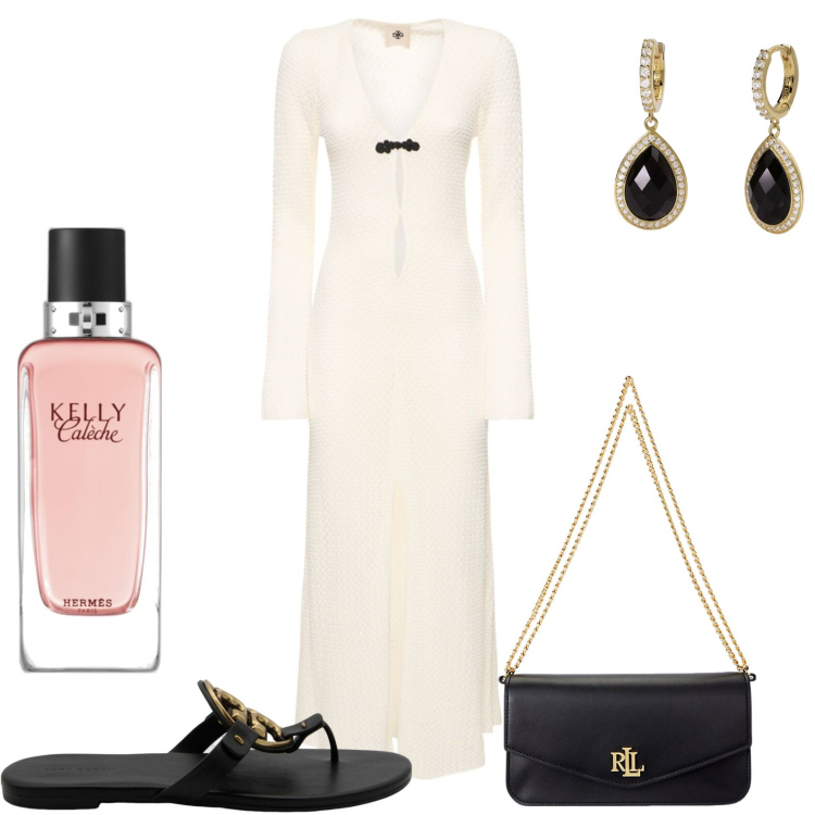 Outfit donna - Vestito midi per cerimonia. Stile Glamour per Cerimonia. Abbinamento con profumi, orecchini, borse a spalla, vestiti lunghi, ciabatte.