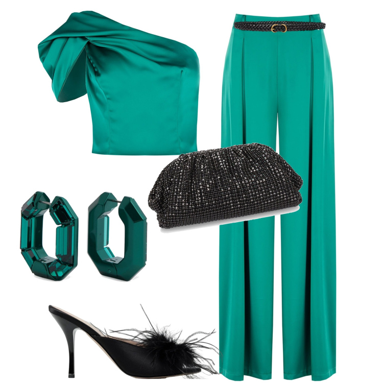 Outfit donna - Summer nights. Stile Chic per Serata fuori. Abbinamento con pantaloni a palazzo, top, cinture, pochette, sandali col tacco, orecchini.