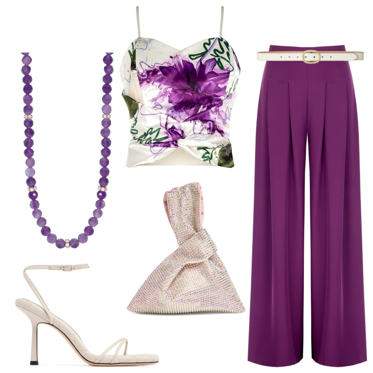 Outfit donna - Summer nights. Stile Chic per Serata fuori. Abbinamento con pantaloni a palazzo, top, collane, cinture, borse a mano, sandali in pelle.