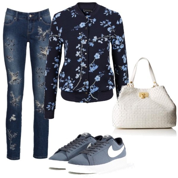 Outfit donna - Trendy #25477. Stile Trendy per Tutti i giorni. Abbinamento con bomber, jeans skinny, blazer, shopping bag beige.