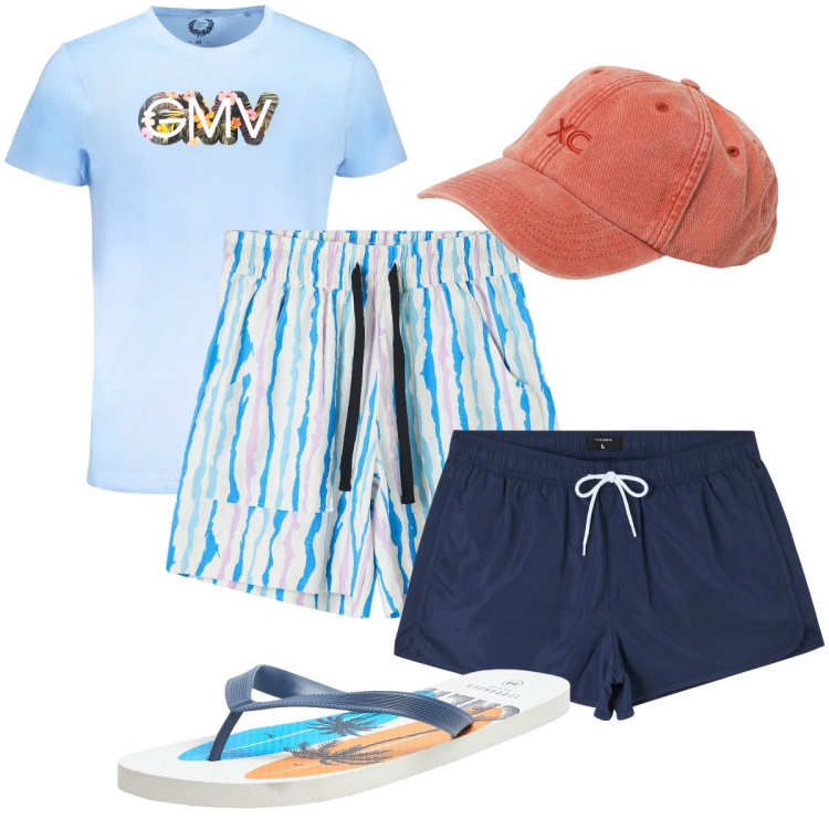 Outfit uomo - Un bagno al mare. Stile Casual per Mare. Abbinamento con sandali, costumi, bermuda, cappelli, t-shirt.