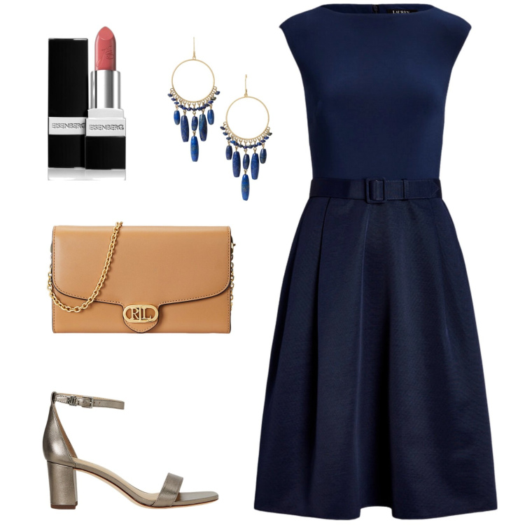 Outfit donna - In blu reale. Stile Chic per Cerimonia. Abbinamento con rossetti, vestiti, sandali in pelle, borse a tracolla, orecchini.