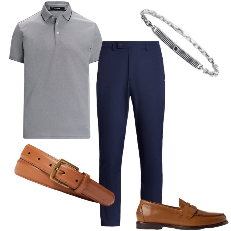 Outfit uomo - Cerimonia estiva. Stile Business/Elegante per Cerimonia. Abbinamento con braccialetti, scarpe stringate, cinture, polo, pantaloni.