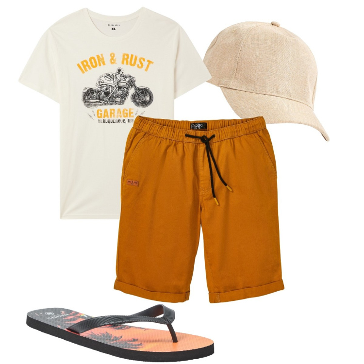 Outfit uomo - In moto verso il mare. Stile Biker Rock per Mare. Abbinamento con bermuda, sandali, cappelli, t-shirt.