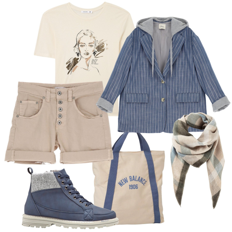 Outfit donna - Giacca e scarponcini con gli shorts. Stile Casual per Tutti i giorni. Abbinamento con stivaletti, sciarpe, t-shirt, borse a mano, shorts, blazer.