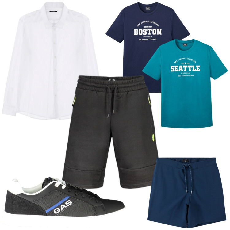 Outfit uomo - Total look #1934590. Stile Trendy per Mare. Abbinamento con t-shirt, costumi, camicie, sneakers, pantaloni.