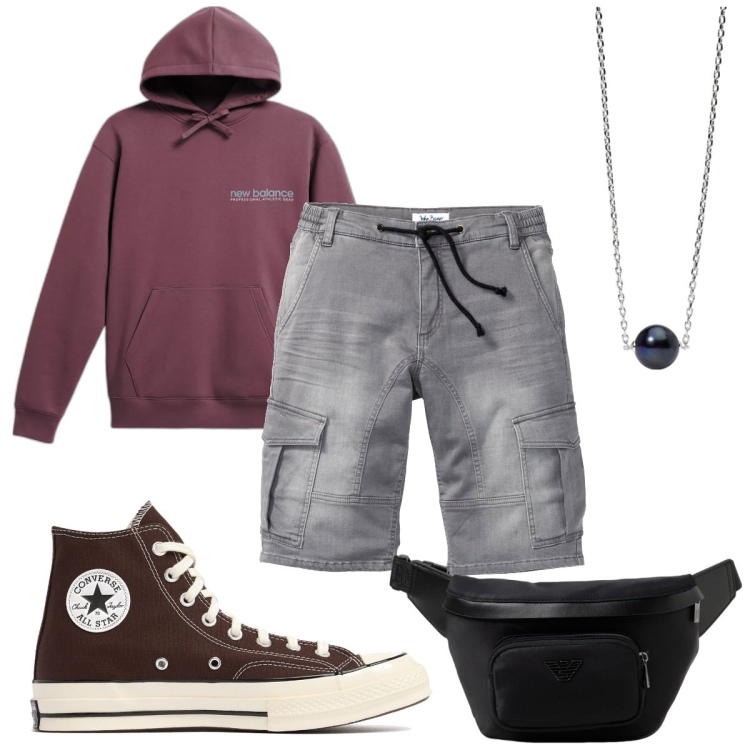 Outfit uomo - Total look #1934604. Stile Urban per Tutti i giorni. Abbinamento con bermuda, collane, felpe con cappuccio, sneakers, borse sportive.