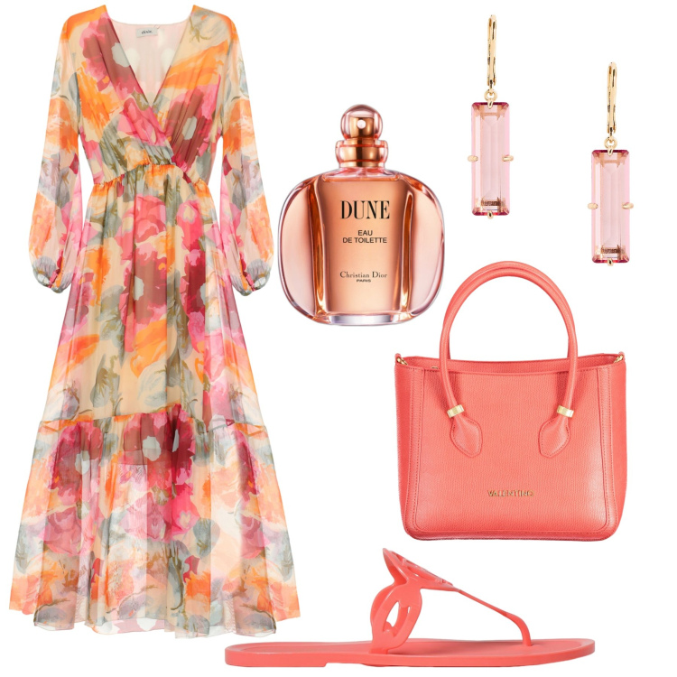 Outfit donna - Apericena luminoso. Stile Glamour per Serata fuori. Abbinamento con profumi, orecchini, vestiti lunghi, ciabatte, borse a spalla.