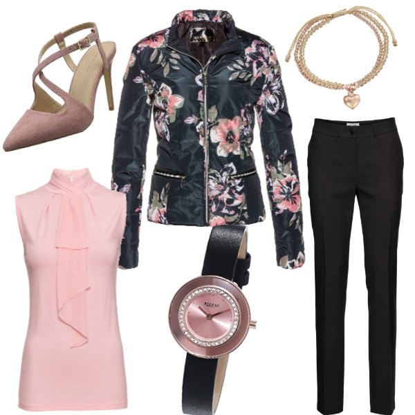 Outfit donna - Rosa chic. Stile Trendy per Serata fuori. Abbinamento con pantaloni, giacca fantasia floreale con zip nero, top jersey rosa, orologio con cinturino nero, scarpe con cinturino rosa, bracciale.