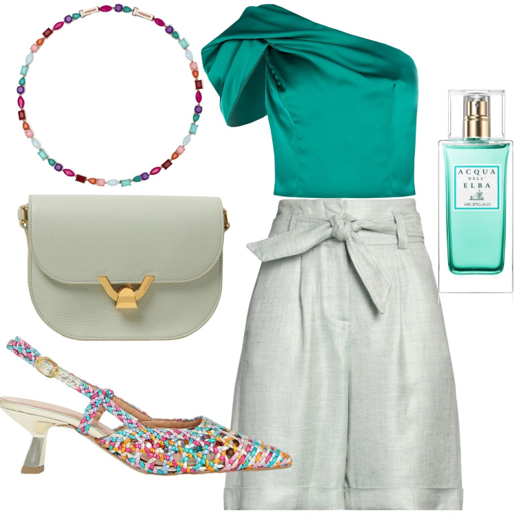Outfit donna - Total look #1934842. Stile Casual chic per Tutti i giorni. Abbinamento con shorts, profumi, sandali in pelle, collane, top, borse a tracolla.