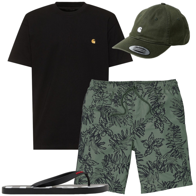 Outfit uomo - Summer. Stile Urban per Tutti i giorni. Abbinamento con pantaloni corti, t-shirt, sandali, cappelli.