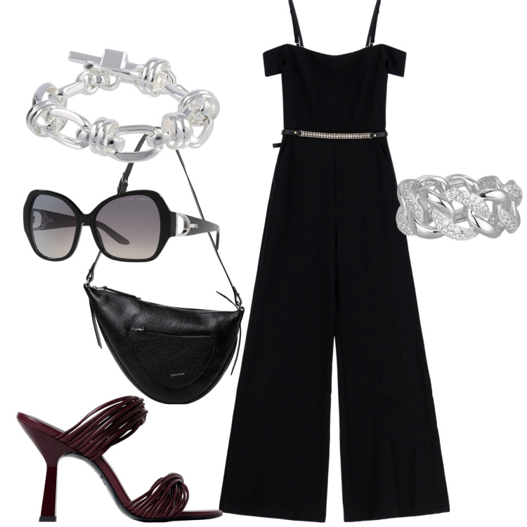 Outfit donna - Imperial. Stile Glamour per Serata fuori. Abbinamento con anelli, tute, occhiali da sole, borse a spalla, sandali col tacco, braccialetti.