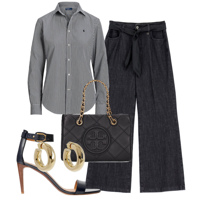 Outfit donna - Denim nero leggero. Stile Chic per Tutti i giorni. Abbinamento con camicie, sandali in pelle, pantaloni, orecchini, borse a spalla.