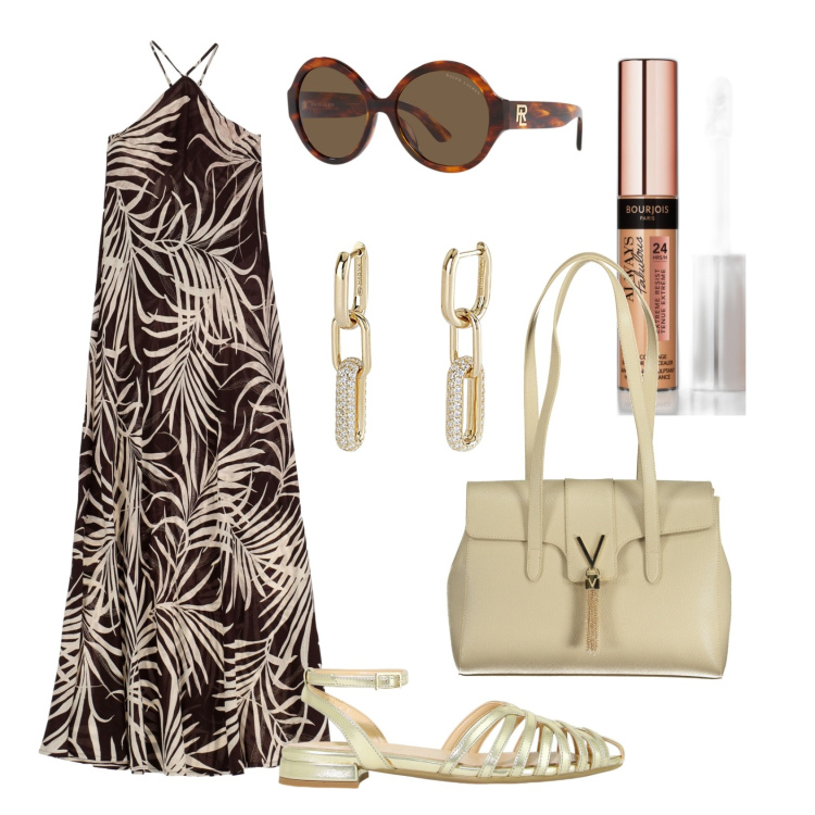 Outfit donna - Total look #1935020. Stile Casual chic per Serata fuori. Abbinamento con correttori, orecchini, vestiti lunghi, occhiali da sole, sandali in pelle, borse a spalla.