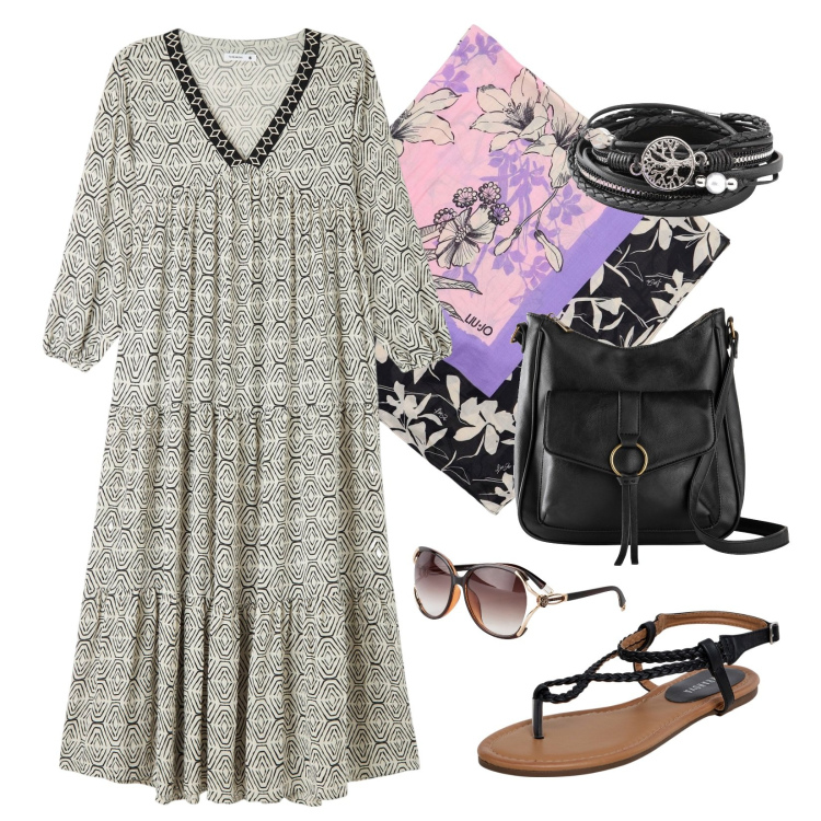 Outfit donna - Etno Style!!!. Stile Etnico per Mare. Abbinamento con braccialetti, occhiali da sole, borse a tracolla, ciabatte, vestiti lunghi, sciarpe.