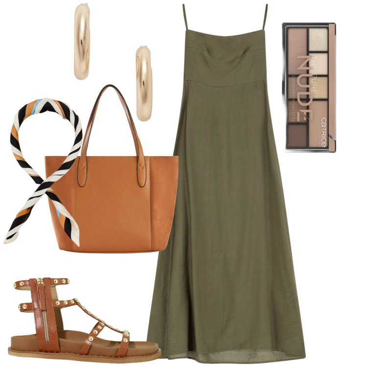 Outfit donna - City. Stile Trendy per Tutti i giorni. Abbinamento con shopping bag, ombretti, foulard, orecchini, vestiti midi/longuette, sandali.