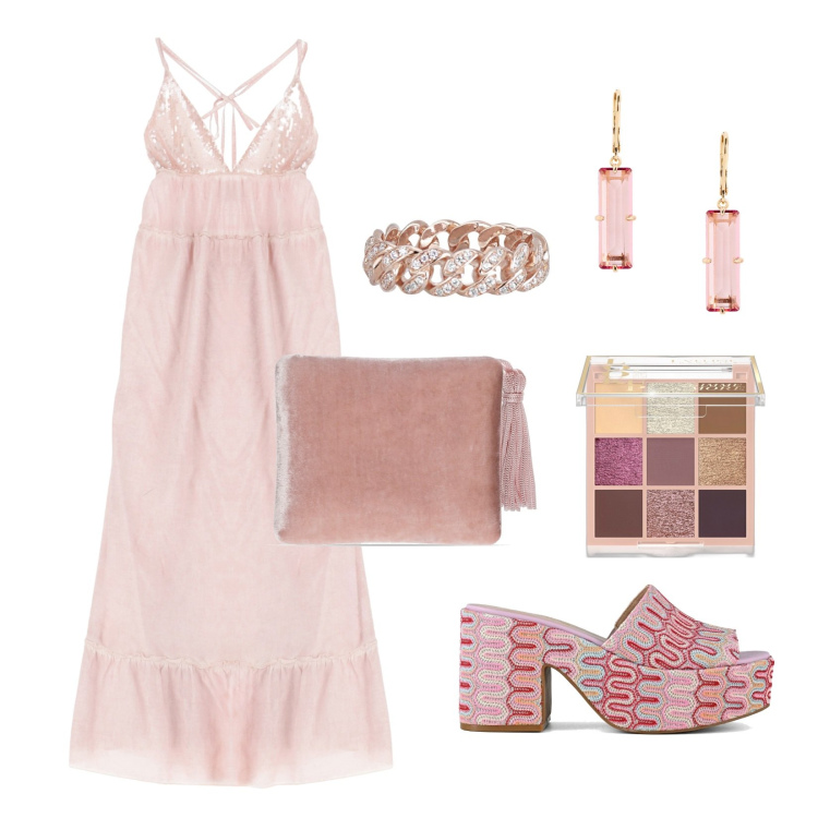 Outfit donna - Apericena al tramonto!!!. Stile Chic per Serata fuori. Abbinamento con ombretti, anelli, orecchini, vestiti lunghi, sabot, pochette.