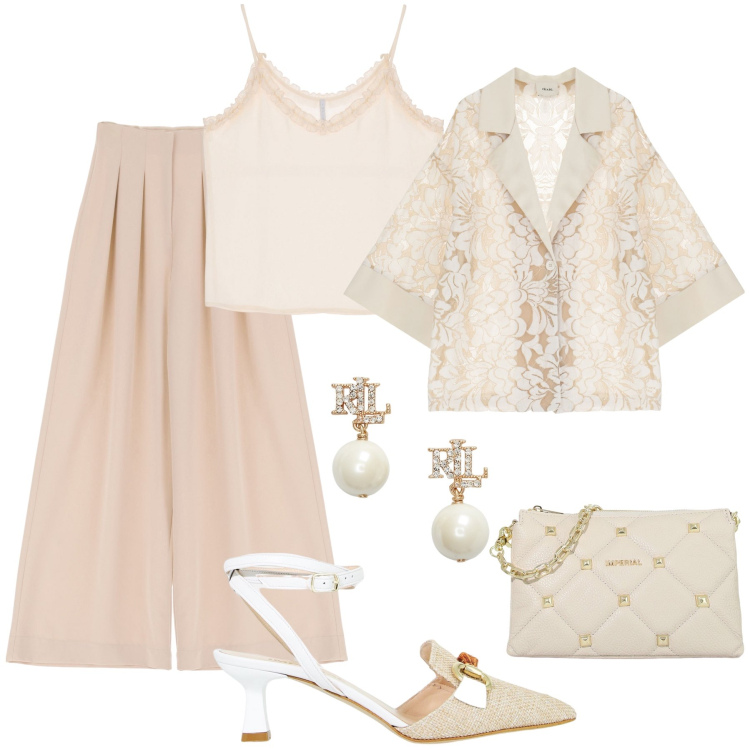 Outfit donna - Colori neutri, oro e trasparenze. Stile Bon Ton per Serata fuori. Abbinamento con pochette, sandali col tacco, top, pantaloni a palazzo, blazer, orecchini.