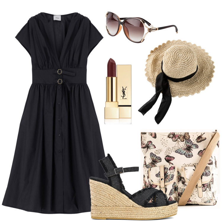Outfit donna - Mattina al mercato. Stile Boho per Tutti i giorni. Abbinamento con cappelli, occhiali da sole, borse a tracolla, rossetti, vestiti lunghi, sandali.