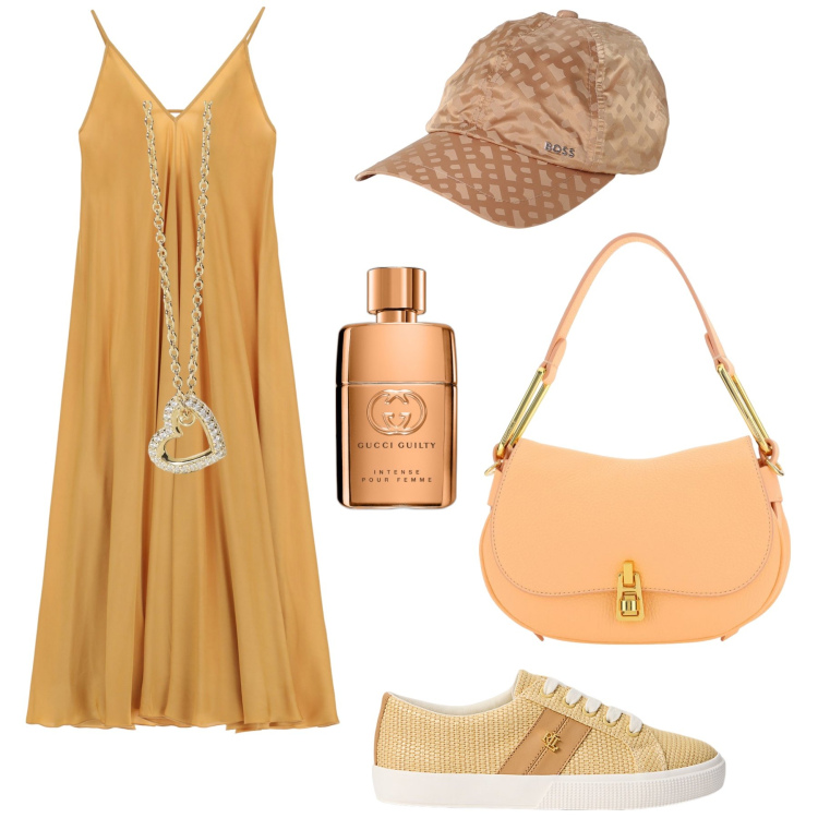 Outfit donna - Sneakers in paglia con lo sling dress. Stile Casual chic per Tutti i giorni. Abbinamento con profumi, collane, sneakers, vestiti lunghi, cappelli, borse a spalla.
