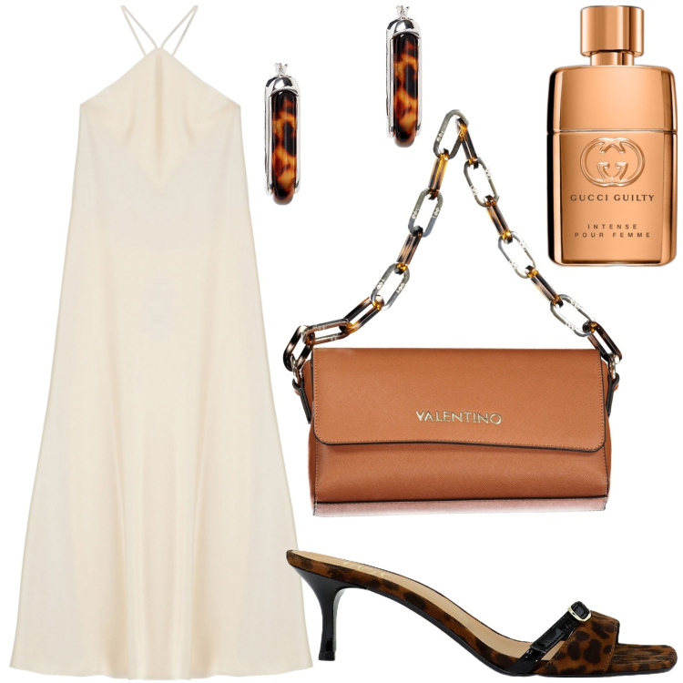 Outfit donna - Aperitivo vista mare. Stile Chic per Serata fuori. Abbinamento con profumi, vestiti lunghi, orecchini, sandali col tacco, borse a spalla.