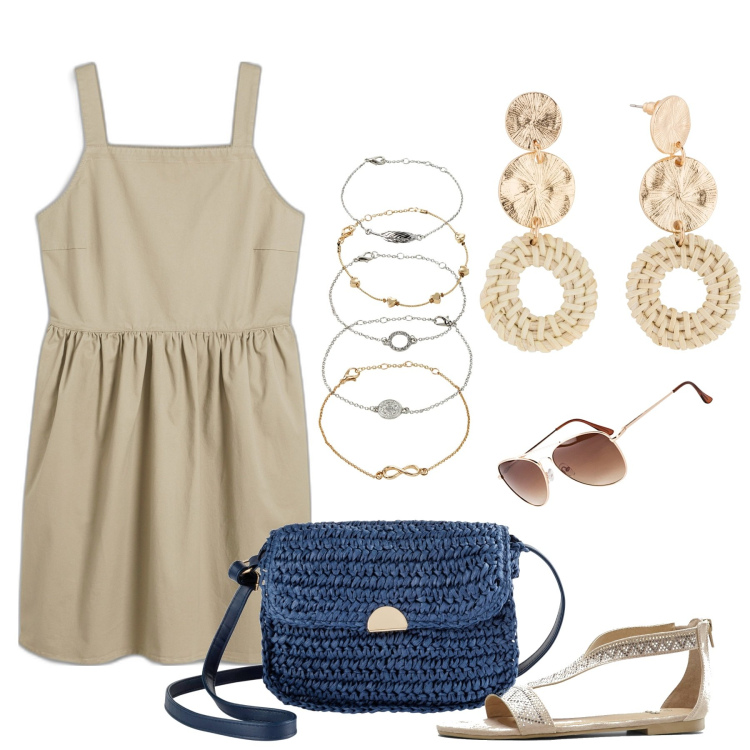 Outfit donna - Blu e beige. Stile Bon Ton per Tutti i giorni. Abbinamento con orecchini, braccialetti con ciondoli, occhiali da sole, vestiti, borse a tracolla, sandali.