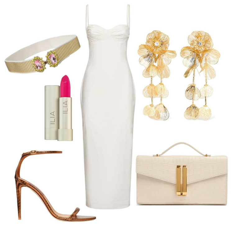 Outfit donna - Bella per te. Stile Chic per Serata fuori. Abbinamento con rossetti, sandali col tacco, vestiti midi/longuette, cinture, clutch, orecchini.