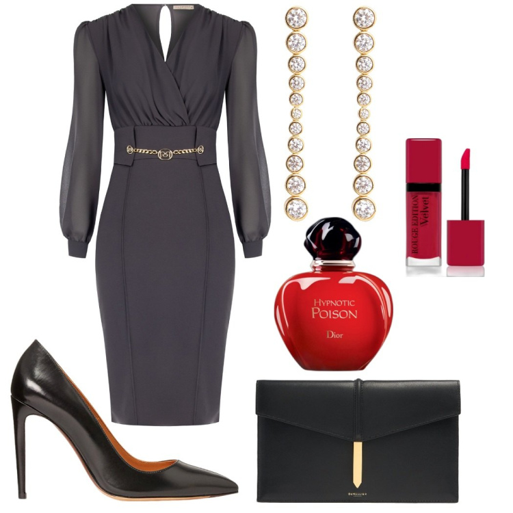 Outfit donna - Poison non sbaglia mai. Stile Chic per Cerimonia. Abbinamento con profumi, rossetti, vestiti a tubino, décolleté, clutch, orecchini.