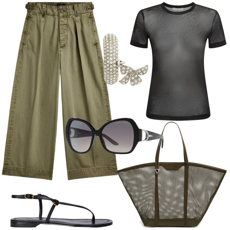 Outfit donna - Dettagli trasparenti. Stile Casual chic per Tutti i giorni. Abbinamento con pantaloni, occhiali da sole, sandali in pelle, orecchini, shopping bag, t-shirt.