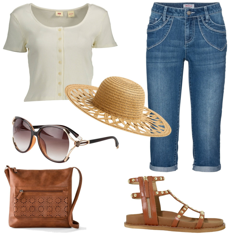 Outfit donna - Accessori estivi. Stile Casual chic per Tutti i giorni. Abbinamento con borse a tracolla, jeans dritti, occhiali da sole, cappelli, sandali, t-shirt.