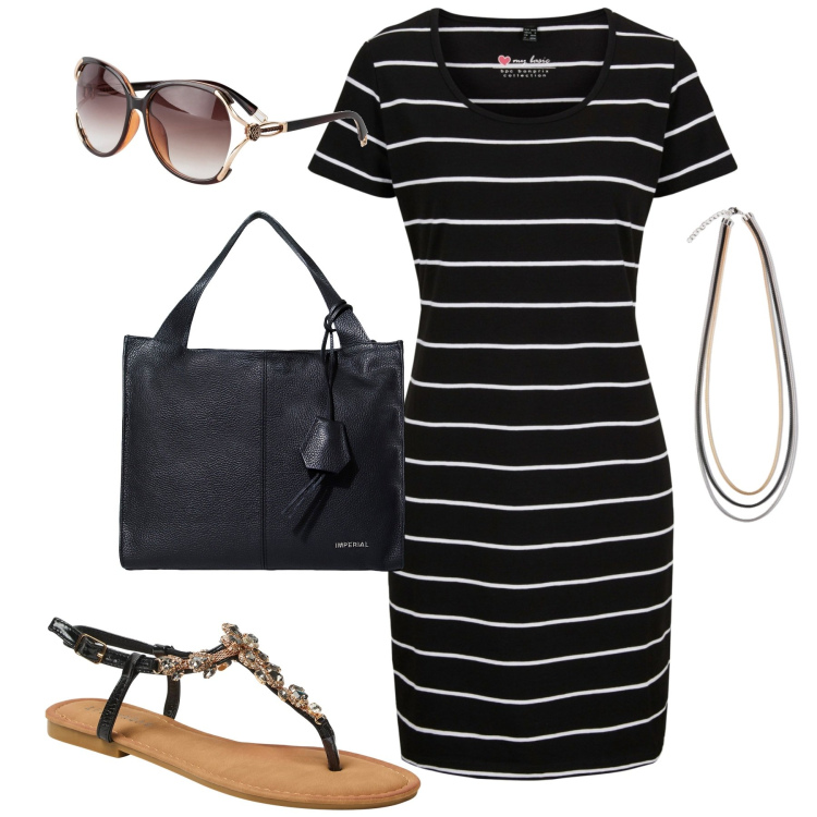 Outfit donna - Mattina per commissioni. Stile Basic per Tutti i giorni. Abbinamento con vestiti, occhiali da sole, sandali gioiello, borse a spalla, collane.
