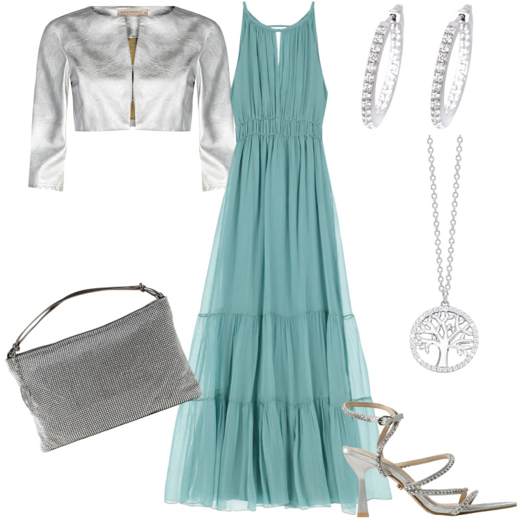 Outfit donna - Moon light. Stile Chic per Serata fuori. Abbinamento con orecchini, collane, bolero, vestiti lunghi, borse a spalla, sandali col tacco.