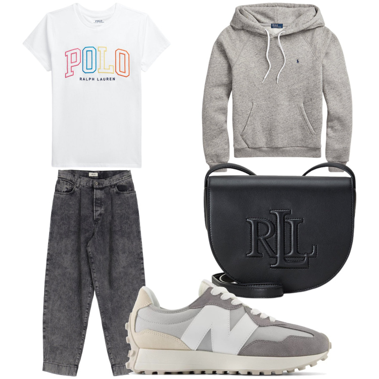 Outfit donna - Aperitivo. Stile Trendy per Tutti i giorni. Abbinamento con sneakers, jeans, borse a tracolla, felpe con cappuccio, t-shirt.