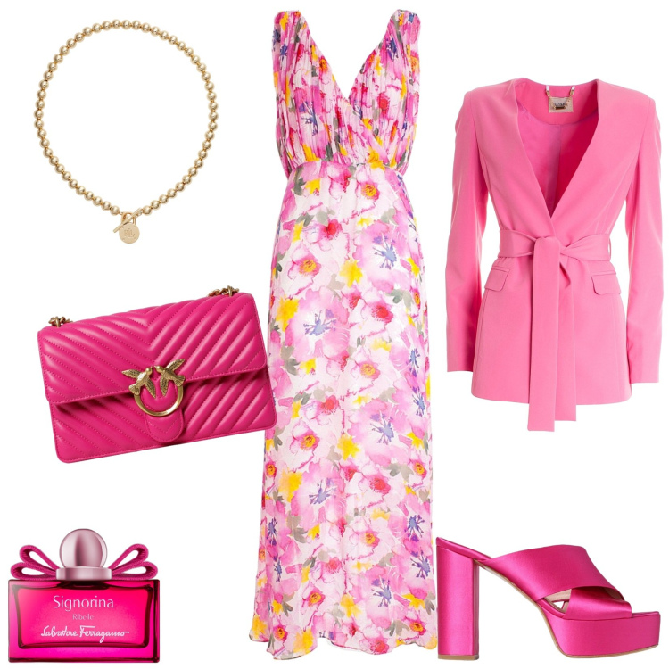 Outfit donna - Serata romantica. Stile Romantica per Serata fuori. Abbinamento con profumi, vestiti lunghi, blazer, collane, borse a spalla, sandali in pelle.