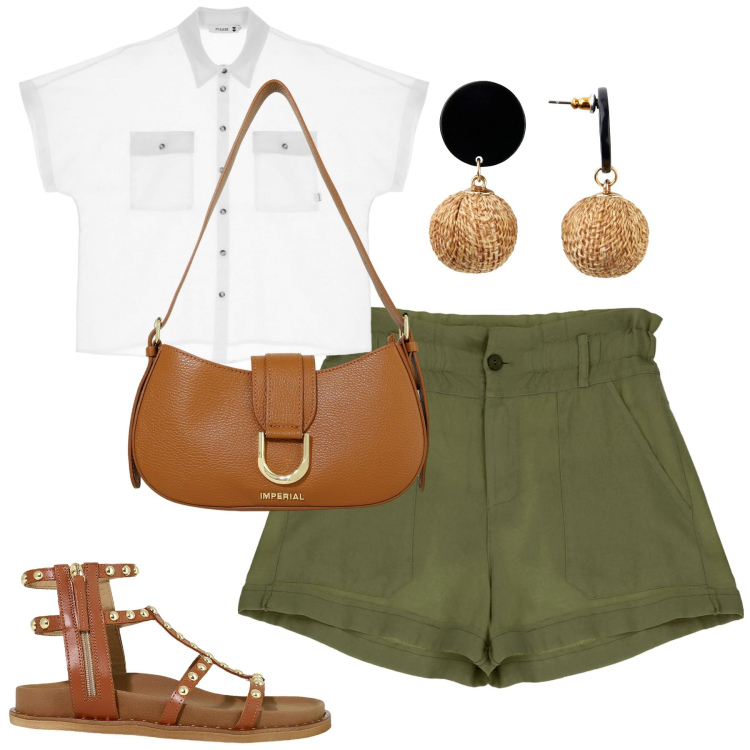 Outfit donna - Agosto. Stile Casual chic per Tutti i giorni. Abbinamento con orecchini, shorts, camicie a manica corta, borse a spalla, sandali.