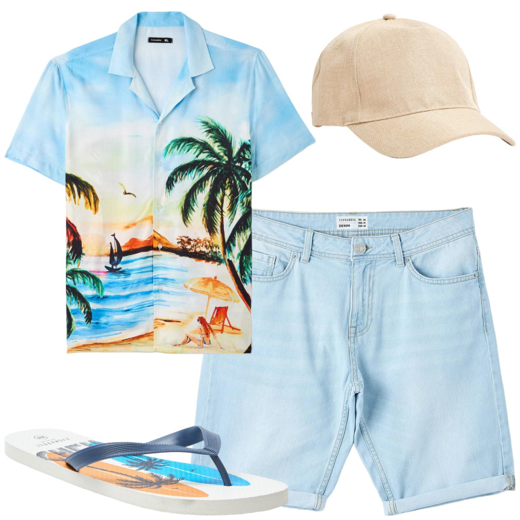 Outfit uomo - Hawaii. Stile Casual per Mare. Abbinamento con bermuda, sandali, cappelli, camicie a manica corta.