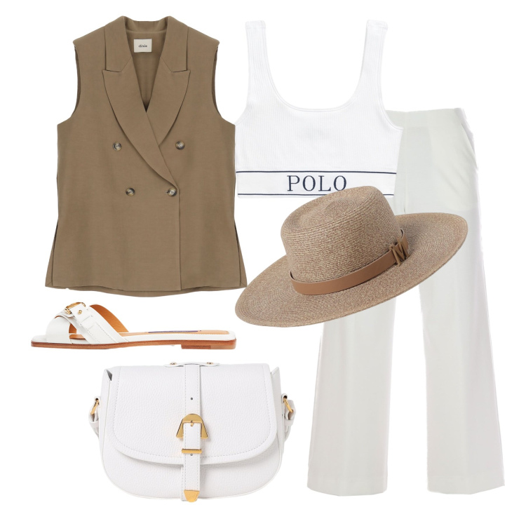 Outfit donna - Ghost outfitter - agosto. Stile Trendy per Tutti i giorni. Abbinamento con gilet, canottiere, sandali col tacco, pantaloni, borse a tracolla, cappelli.