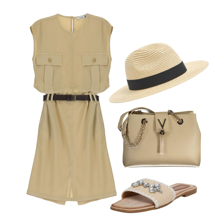 Outfit donna - Ghost outfitter - agosto. Stile Casual chic per Tutti i giorni. Abbinamento con ciabatte, cappelli, vestiti midi/longuette, borse a spalla.