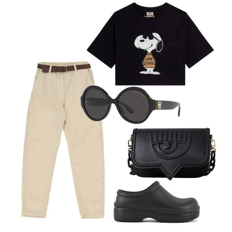 Outfit donna - Ghost outfitter - agosto. Stile Casual per Tutti i giorni. Abbinamento con pantaloni, t-shirt, occhiali da sole, zoccoli, borse a spalla.