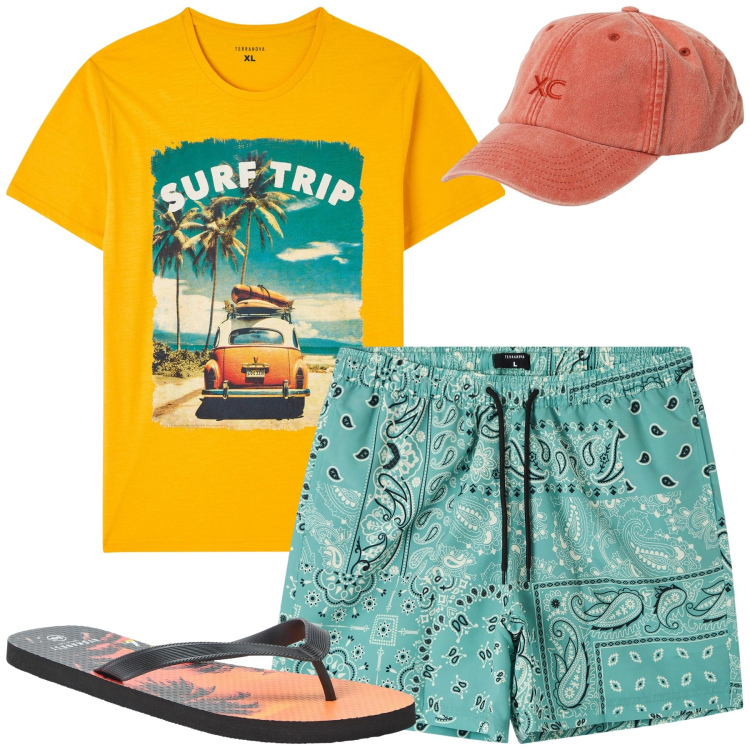 Outfit uomo - Al mare. Stile Casual per Serata speciale. Abbinamento con sandali, t-shirt, bermuda, cappelli.