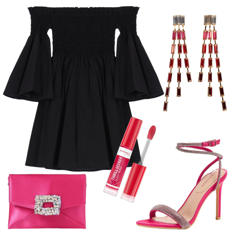 Outfit donna - Mini abito nero con accessori fucsia. Stile Romantica per Serata fuori. Abbinamento con orecchini, gloss, sandali col tacco, vestiti corti, borse a mano.