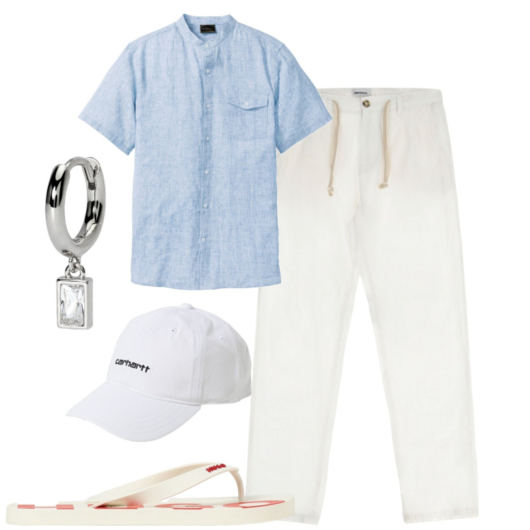 Outfit uomo - Mykonos. Stile Trendy per Mare. Abbinamento con camicie a manica corta, orecchini, pantaloni, sandali, cappelli.