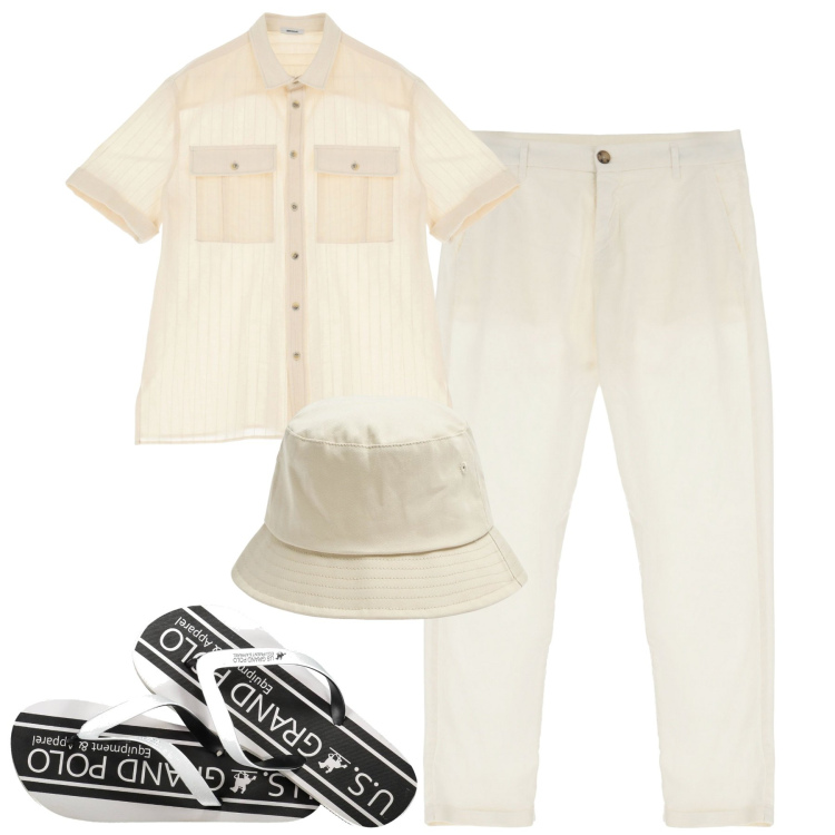 Outfit uomo - Siviglia. Stile Trendy per Tutti i giorni. Abbinamento con cappelli, pantaloni, camicie a manica corta, sandali.