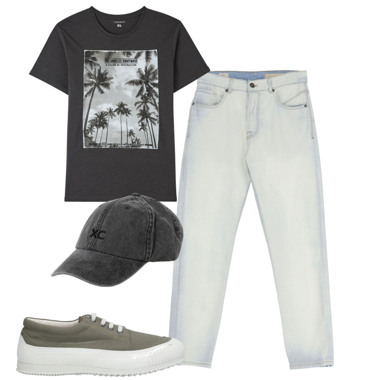 Outfit uomo - City. Stile Casual per Tutti i giorni. Abbinamento con sneakers, t-shirt, jeans slim fit, cappelli.