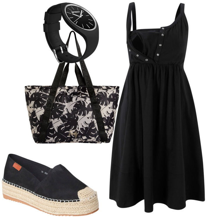 Outfit donna - City. Stile Basic per Tutti i giorni. Abbinamento con vestiti, espadrillas, shopping bag, orologi.