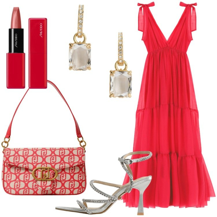 Outfit donna - Summer Nights. Stile Chic per Serata fuori. Abbinamento con rossetti, vestiti lunghi, orecchini, sandali col tacco, borse a spalla.