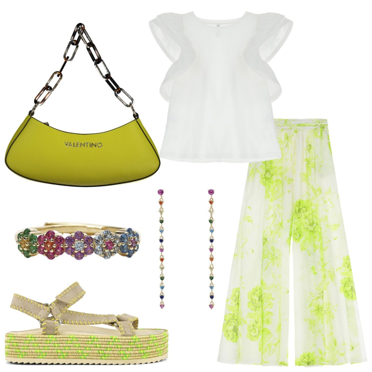 Outfit donna - Summer nights -apericena elegante. Stile Casual per Serata fuori. look ideale per Petite. Abbinamento con anelli, orecchini, pantaloni a palazzo, top, sandali, borse a spalla.