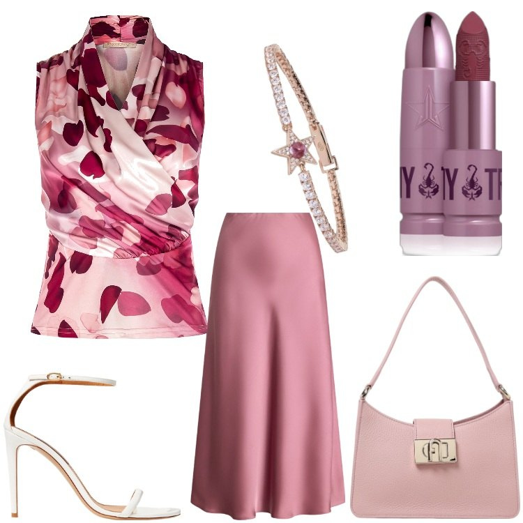 Outfit donna - Petali di rosa. Stile Chic per Serata fuori. Abbinamento con rossetti, braccialetti, top, gonne, sandali in pelle, borse a spalla.